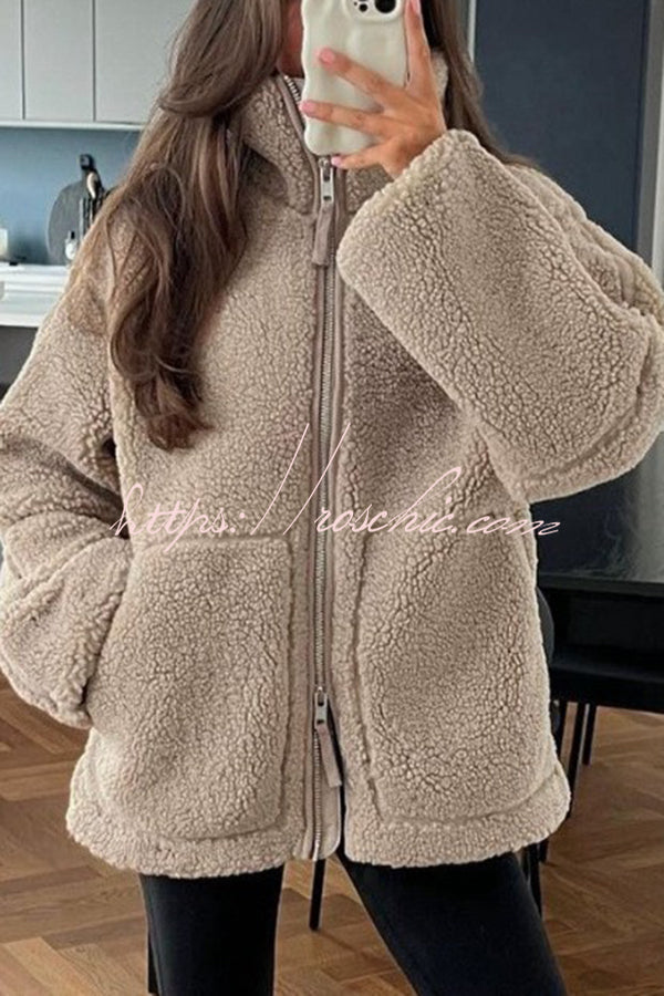 Solid Color Stitching High Collar Long Sleeve Loose Pocket Woolen Coat