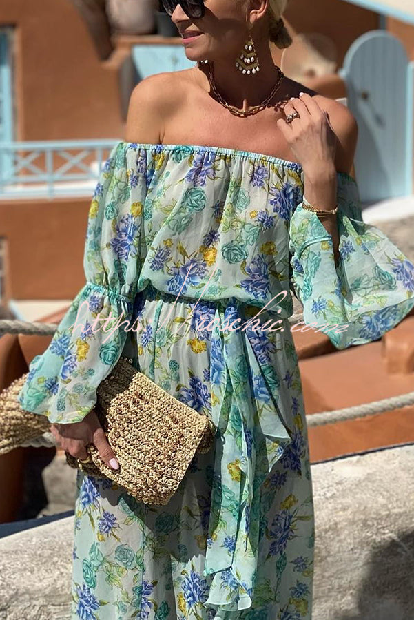 Joyful Journeys Off Shoulder Floral Print Elastic Waist Ruffle Maxi Dress