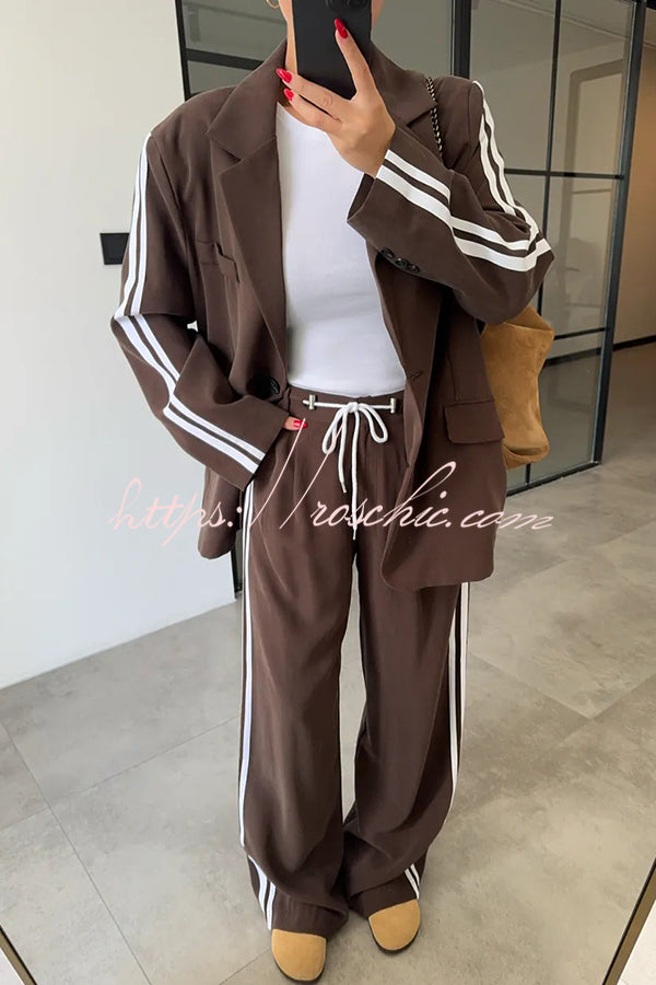Levvie Striped Trim Long Sleeve Lapel Blazer and Rope Belt Pocketed Wide Leg Pants Set