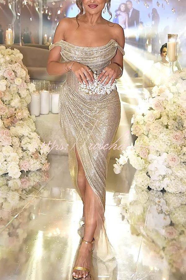 Party with Passion Glitter Fabric Off Shoulder Ruched Slit Maxi Dress Party with Passion Glitter Fabric Off Shoulder Ruched Slit Maxi Dress