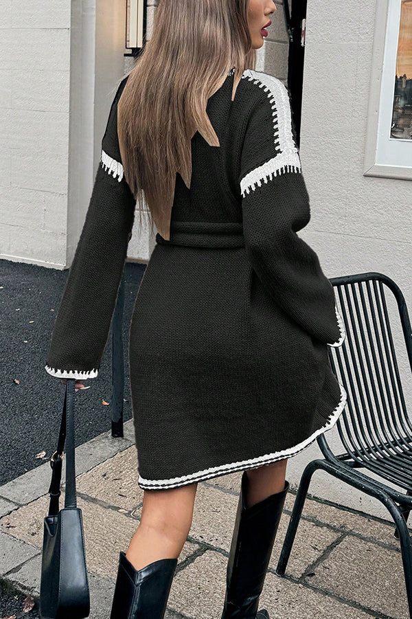 Stylish Loose-fitting Long-sleeved Tie-waist Knit Mini Dress