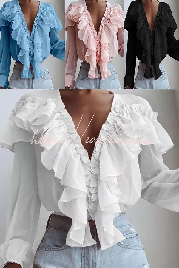 Spliced ruffled V Neck Pleated Long Sleeved Top