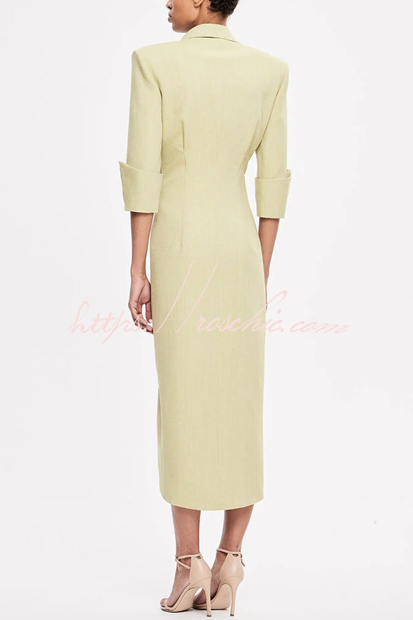 Elegant Look Linen Blend Stand Lapel Neck Half Sleeve Side Button Midi Dress