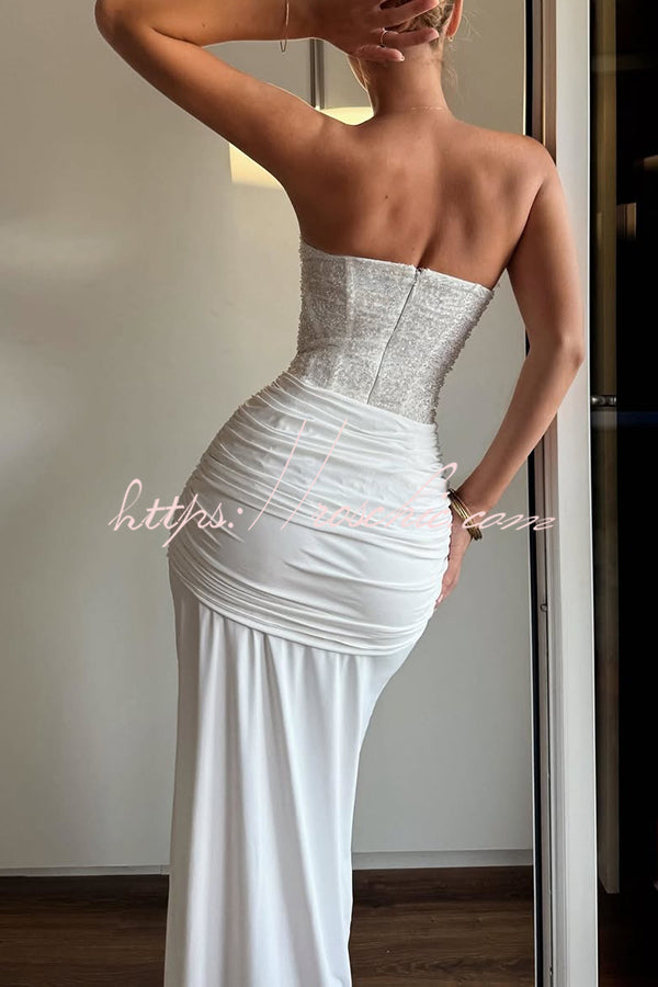 Carina Sequined and Satin Jersey Off Shoulder Ruched Knot Drape Maxi Dress