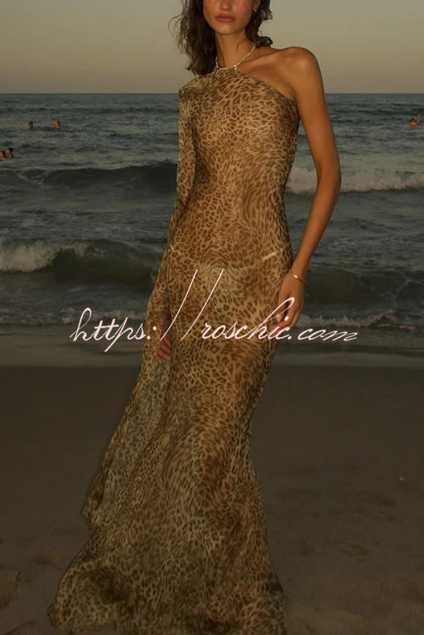 Leopard Print One Sleeve Sexy See-Through Fit Maxi Dress