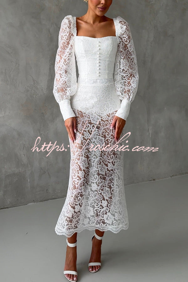 Timeless Moment Floral Lace Square Neck Button Up Balloon Sleeve Top