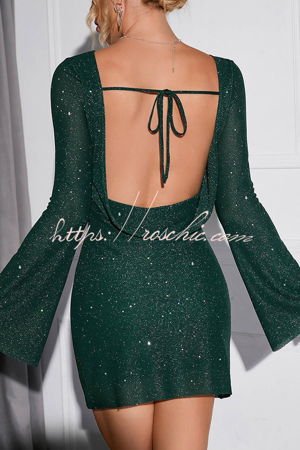 Solid Sequined Open Back Lace Up Mini Dress