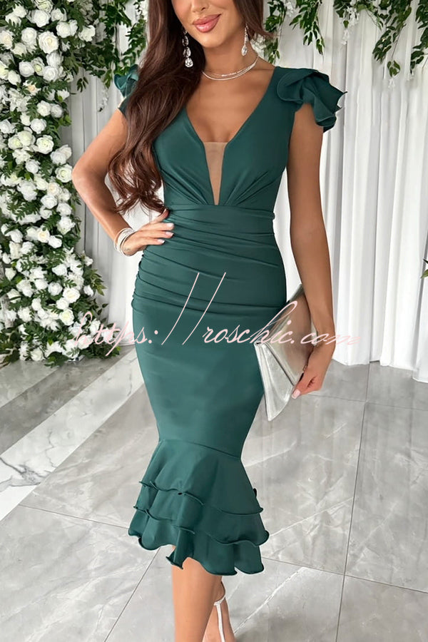 Gala Ready Tiered Ruffle Detail Ruched Formal Midi Dress