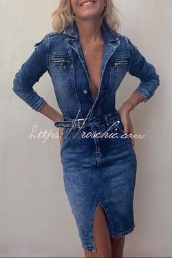 Autumn Treasure Washed Denim Button Up Pocketed Shirt Mini Dress