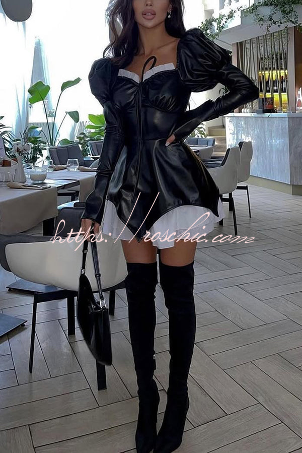 Fashionable Contrast Color Square Neck Long Sleeve Ruffle Hem Mini Dress