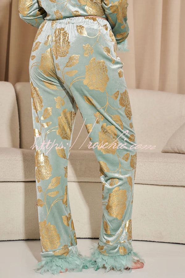 Hollywood Queen Velvet Floral Printed Feather Trim Elastic Waist Pocketed Pajama Set