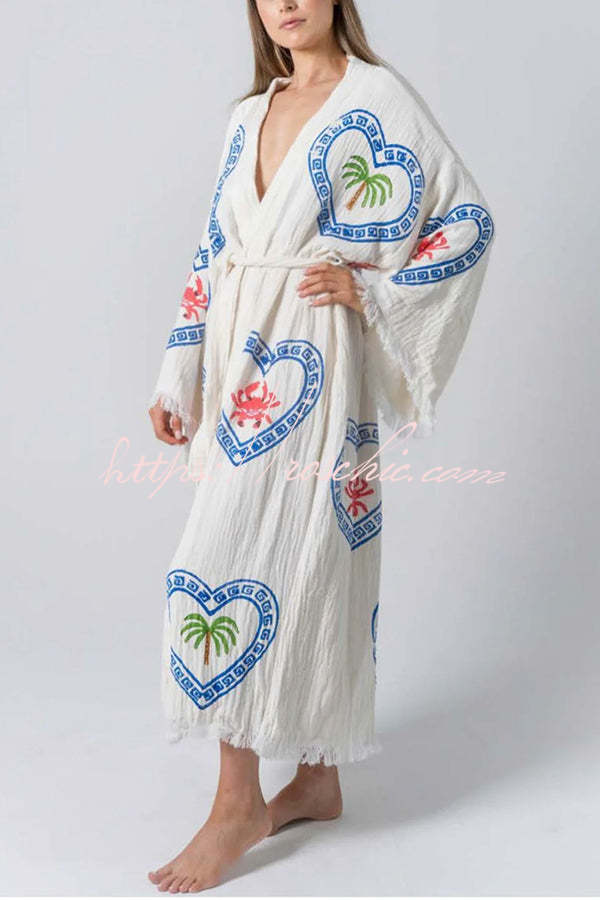 Maia Linen Blend Unique Print Belt Swimwear / Lounge Cover-up Robe