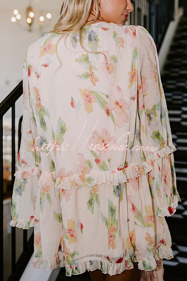 Striking Pleated Floral Print V Neck Ruffle Paneled Long Sleeve Mini Dress