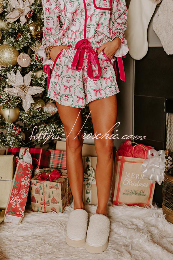 Christmas Dreaming Satin Santa Print Velvet Trim Elastic Waist Pocketed Pajama Shorts Set