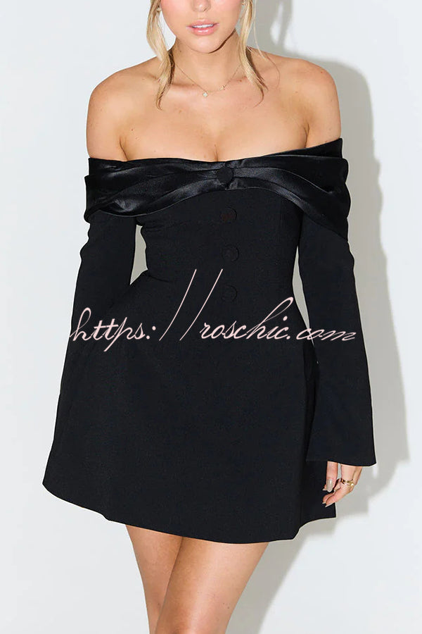 Eternal Muse Satin Bow Silhouette Off Shoulder Button Slit Sleeve Mini Dress