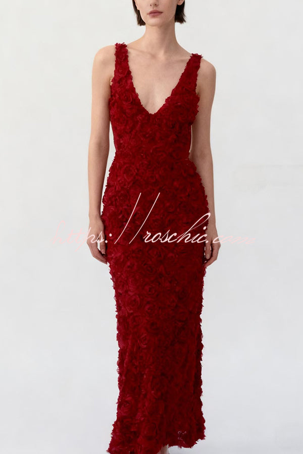 Three-dimensional Flower Sexy V-neck Slim Maxi Dress