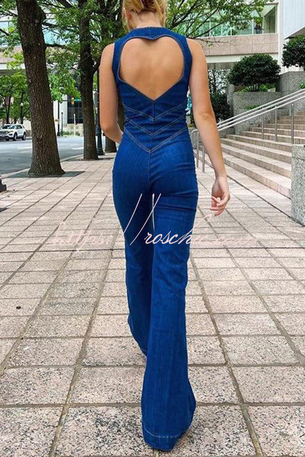 Fashionable Heart Hollow Back Slim High Waist Flared Denim Jumpsuit