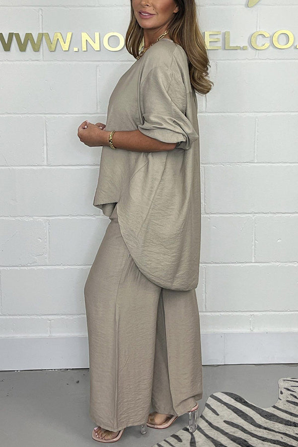 Satin Solid Color Loose Round Neck Top and Elastic Waist Casual Wide-leg Pants Set