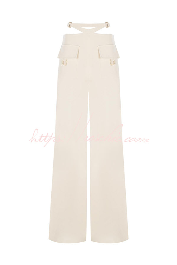 Leia High Neck Button Bell Sleeve Top and Cutout Waist Metal Pocketed Flare Pants Set