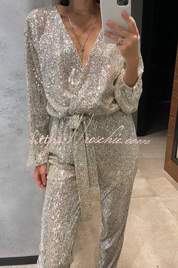 Cheers To You Sequin Long Sleeve Belted Wrap Loose Jumpsuit