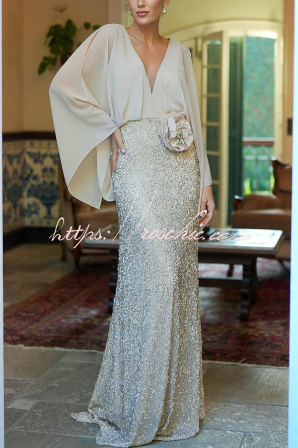 Aleina Chiffon Batwing Sleeve Flower Embroidered Waist Sequin Fabric Maxi Dress