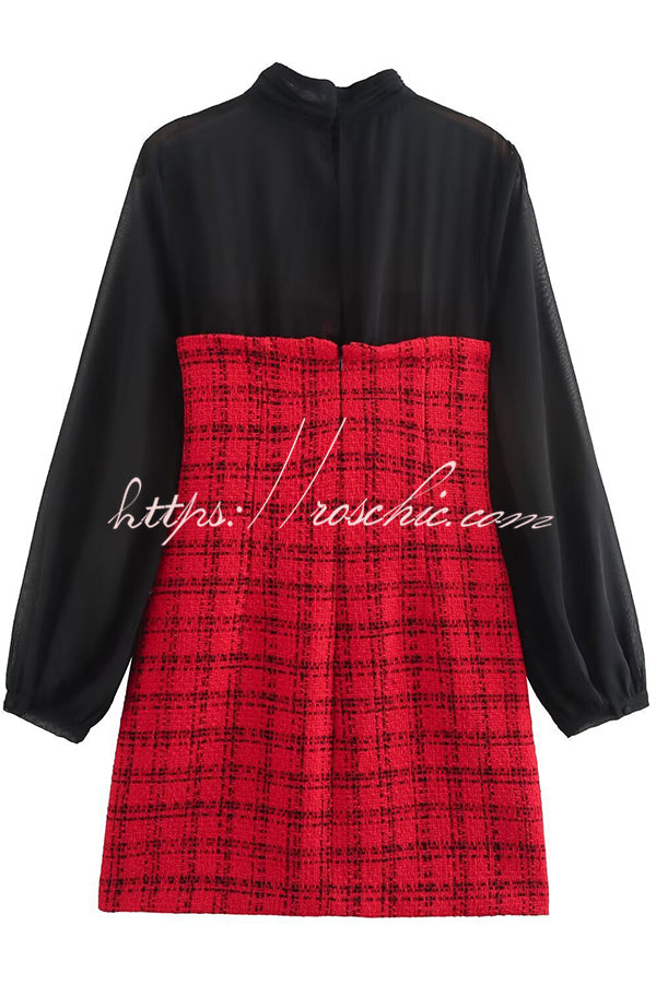 Festive Elegance Tulle Plaid Tweed Patchwork Balloon Sleeve Mini Dress