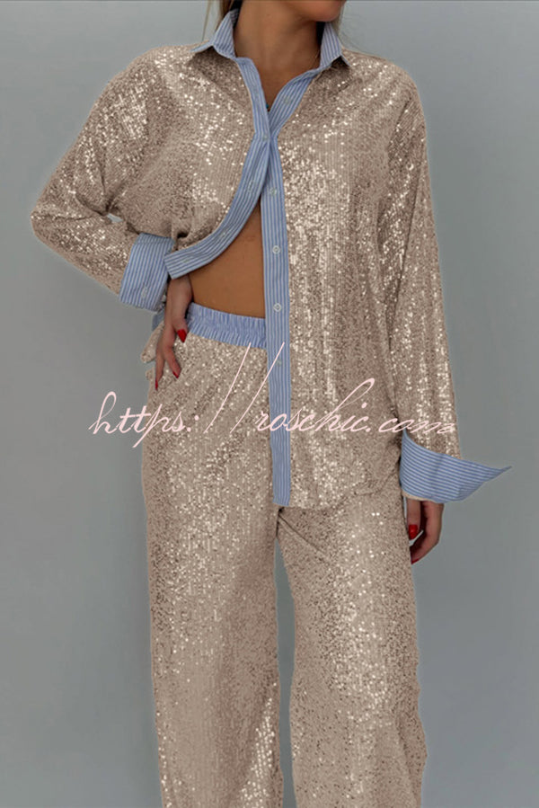 Fashion Sequined Loose Long-sleeved Shirt and Casual Elastic Waist Wide-leg Pants Set