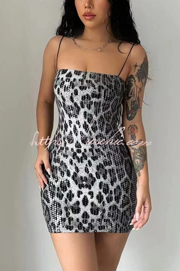 Leopard Print Sequin Sexy Sling Slim Fit Mini Dress