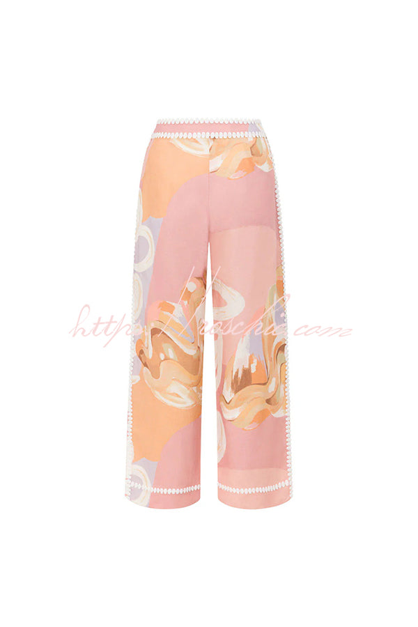 European Summer Linen Blend Ric Rac Trims High Rise Pocket Loose Pants