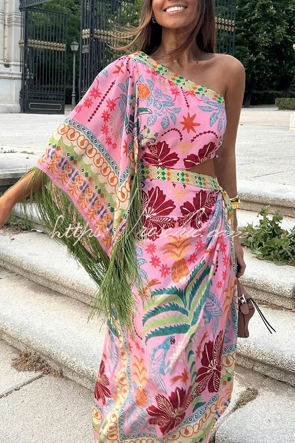 Fruits Queen Unique Print One Shoulder Fringe Detail Scarf Midi Dress roschic