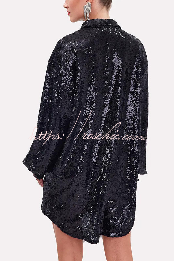 Solid Color Sequined Long-sleeved Casual Mid-length Loose Shirt