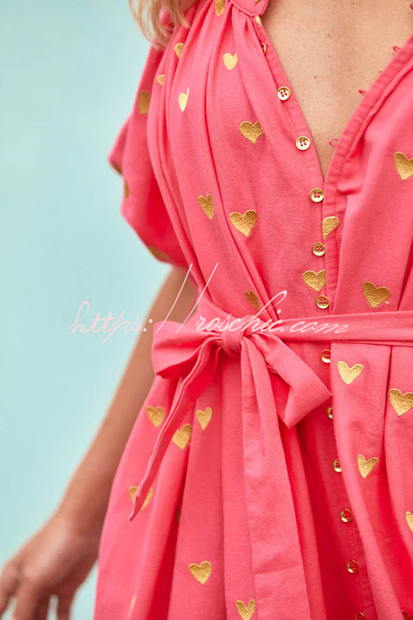 Valentine's Day Gold Heart Print Puff Sleeve Button Pocketed Loose Maxi Dress