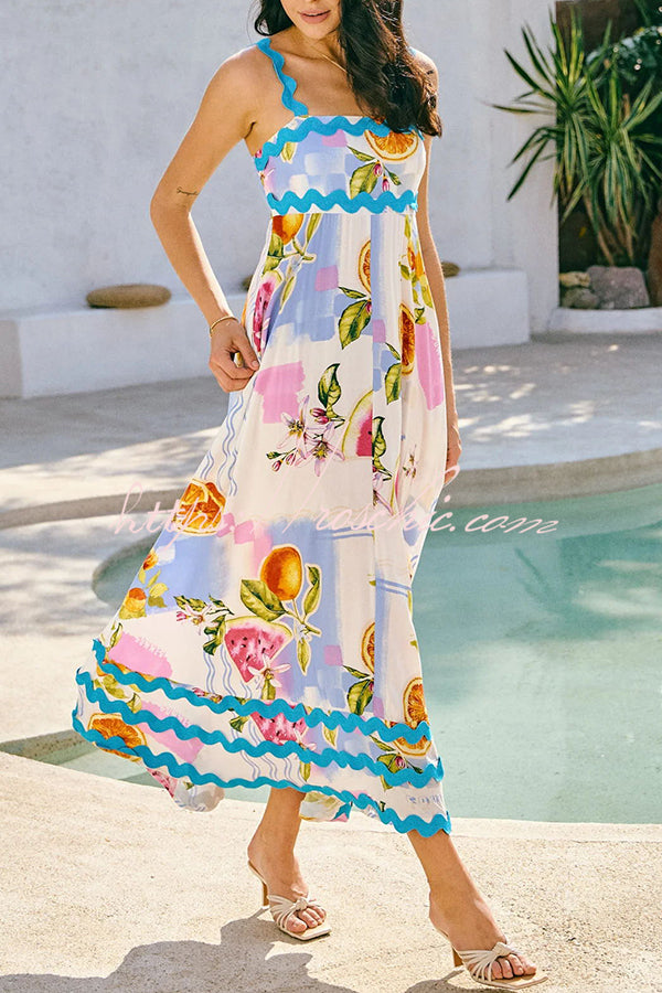 Vivi Fruit Floral Print Wave Pocket Maxi Dress