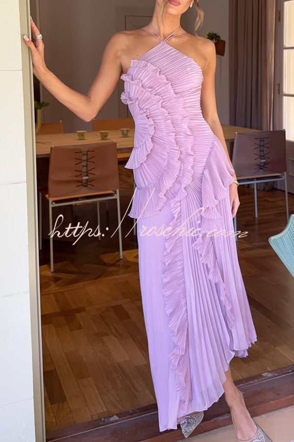 Dream Ode Lily Pad Style Pleats and Ruffles Halter Gown Maxi Dress – roschic