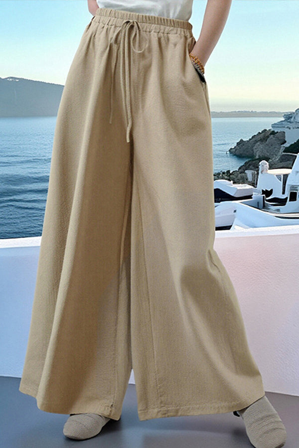 Solid Color Elastic High Waist Pocket Loose Wide Leg Pants