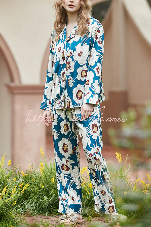 Blue and White Flower Print Home Long-sleeved Two-piece Set