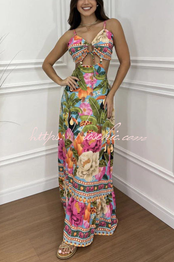 Mexico Style Tropical Print Ring Cutout Lace-up Vacation Maxi Dress