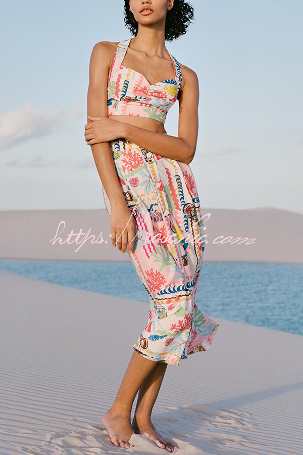 Multicolor Printed Sexy V Neck Halter Top and Midi Button-down Skirt Set