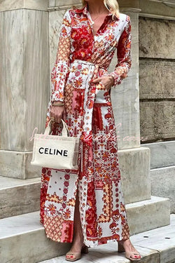 Bohemian Style Unique Printed Shirt Waist Tie Maxi Dress