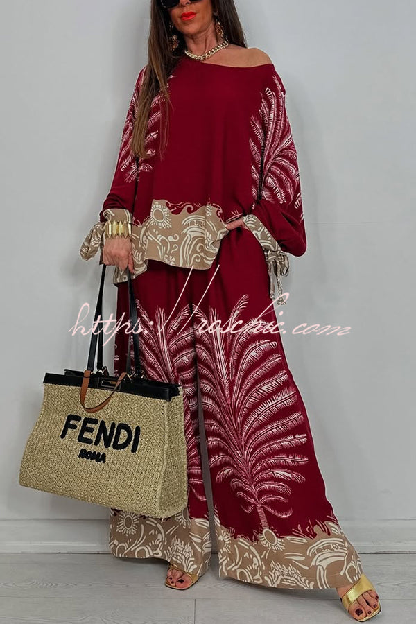 Unique Print Loose Drawstring Long Sleeve Top and Elastic Waist Casual Pocket Wide Leg Pants Set