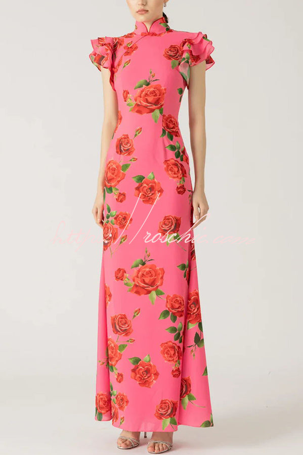 Cheongsam Style Rose Floral Print Tiered Flare Sleeve Stretch Maxi Dress