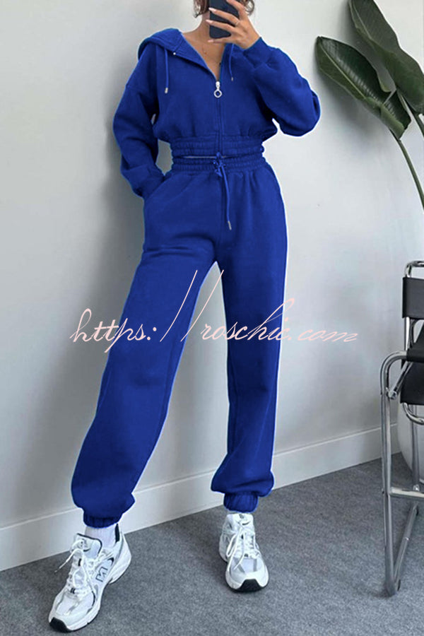 Hooded Zip Up Waist Sweatshirt and Elastic Waist Lace Up Pants Set