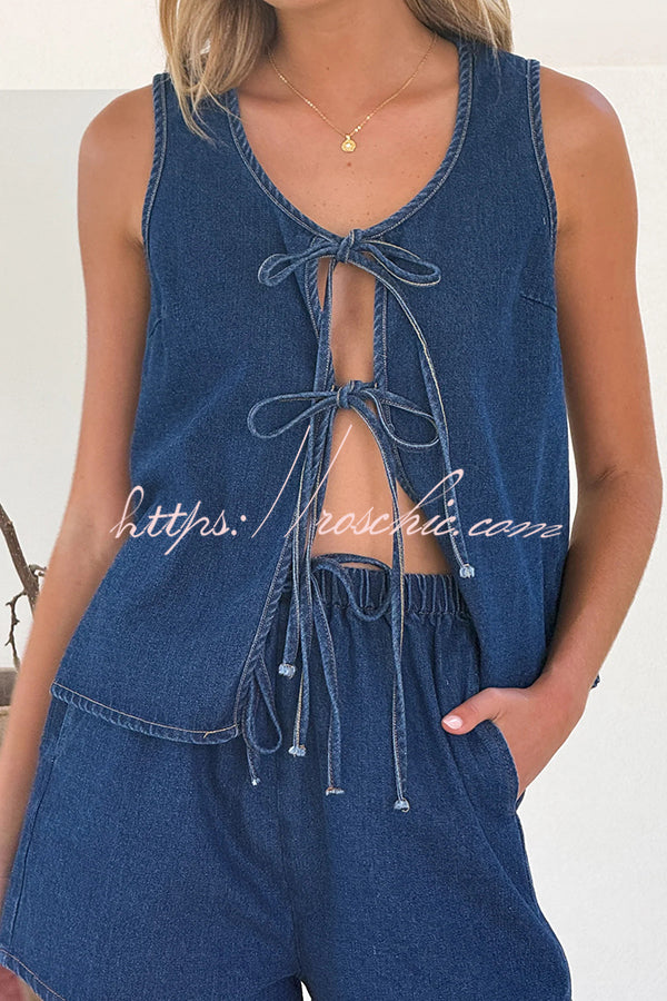 Solid Color Sleeveless Tie Top and Elastic Waist Loose Pocket Denim Shorts Set