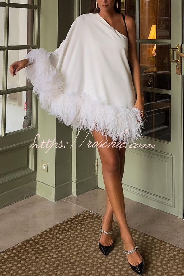 Vegas Living One Shoulder Feather Hem Party Mini Dress