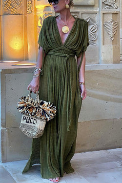 Greek Style Linen Blend Draped Braids Kimono Cover Up Slit Maxi Dress Greek Style Linen Blend Draped Braids Kimono Cover Up Slit Maxi Dress