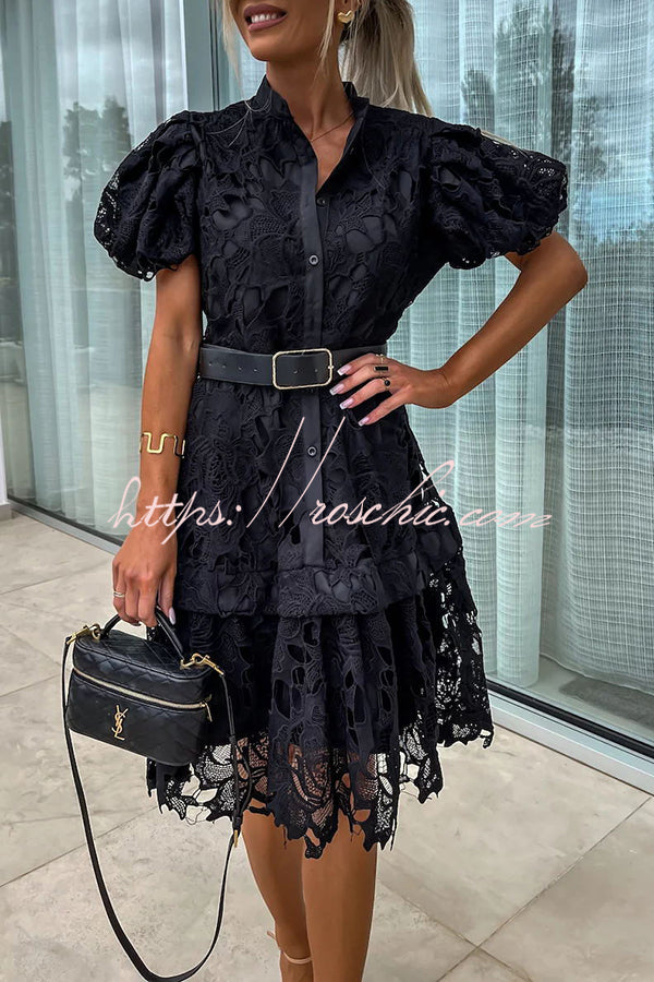 Absolutely Elegant Floral Crochet Lace Puff Sleeve Belted Shirt Midi Dress