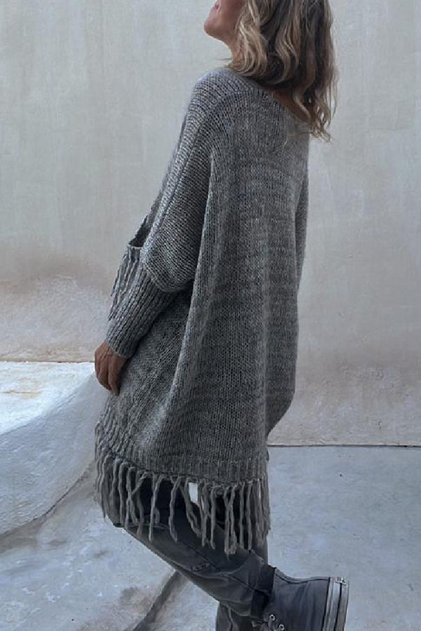 Coming with You Knit Tassel Trim Pocketed Loose Sweater-1