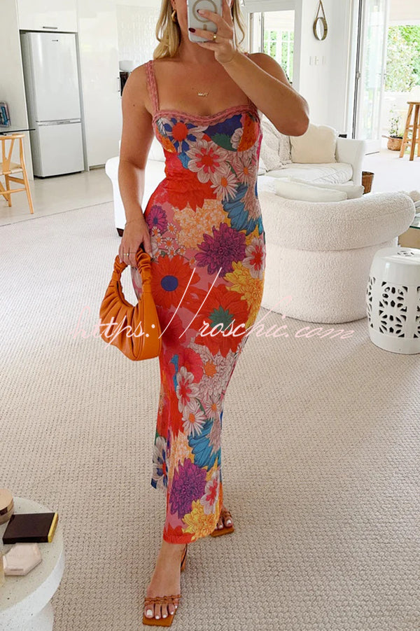 Floral Print Lace Trim Sexy Strapless Backless Slim Fit Maxi Dress