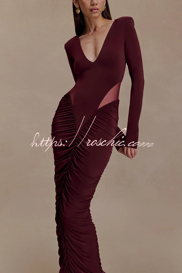 Sexy See-through Long-sleeved V-neck Pleated Slim-fit Maxi Dress