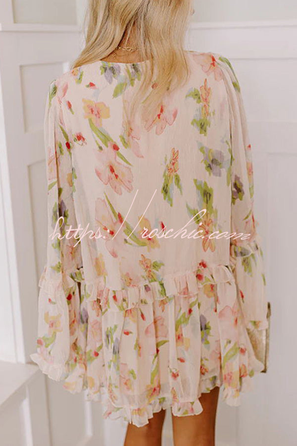 Striking Pleated Floral Print V Neck Ruffle Paneled Long Sleeve Mini Dress